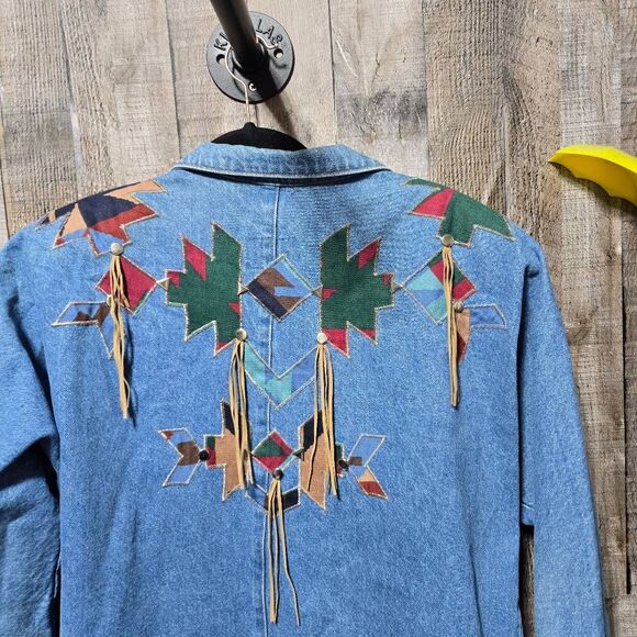 Weybug Designs Vintage 80s Denim Southwestern Embroidered Fringe Blazer Jacket - Picture 5 of 6